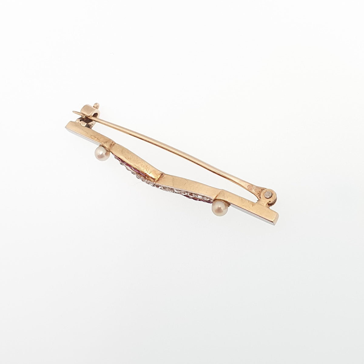 Antique 18ct Gold Diamond & Ruby Brooch Art Deco Infinity Channel Set Pearl Solid 18k 18kt 750 Platinum Genuine Gemstone Vintage Pin