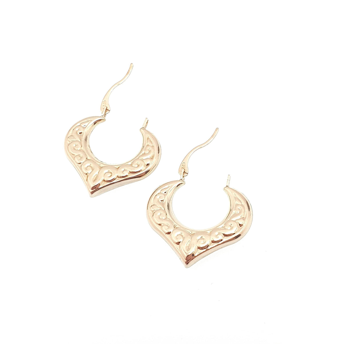 Vintage 9ct 9k Gold Heart Hoop Earrings Gypsy Creole Yellow 9kt Carat 1980s Pointed Girls Womens Jewelry Jewellery