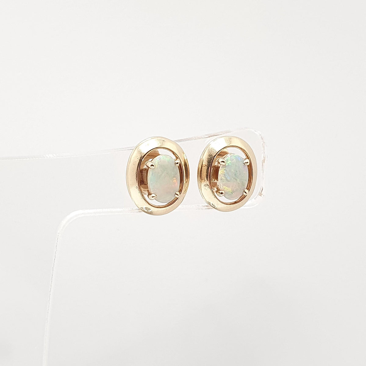 Vintage Opal 9k 9ct Gold Stud Earrings Solid 9 Carat 375 Fire White Large Oval Cut Cabochon Retro Gemstone Womens Ladies Jewelry Jewellery