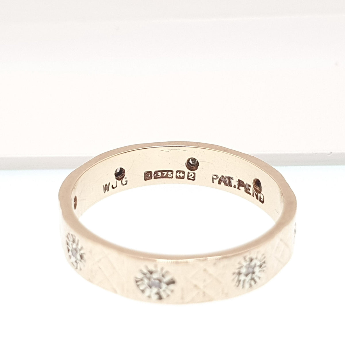 Vintage 9k 9ct Gold Diamond Band Ring Genuine Diamonds Eternity Solid 9kt Stacker Stacking Flower Chequered Jewelry Jewellery