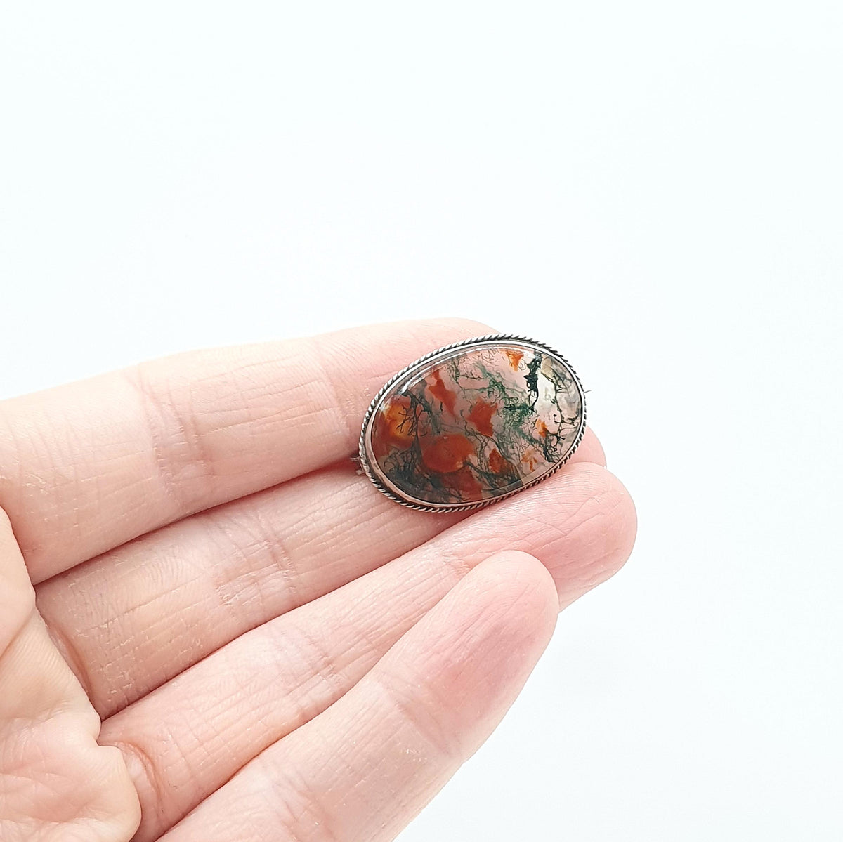 Antique Solid Silver Moss Agate Brooch Natural Gemstone Veined Oval Cut Vintage Rare Gemstone Ladies Womens Jewelry Jewellery