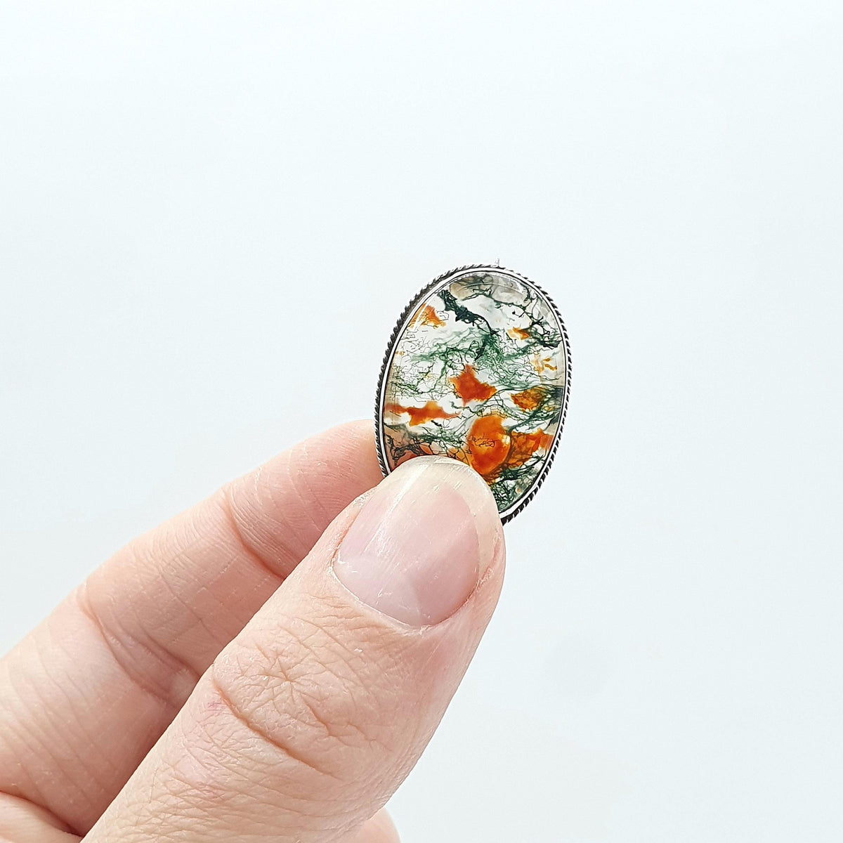 Antique Solid Silver Moss Agate Brooch Natural Gemstone Veined Oval Cut Vintage Rare Gemstone Ladies Womens Jewelry Jewellery