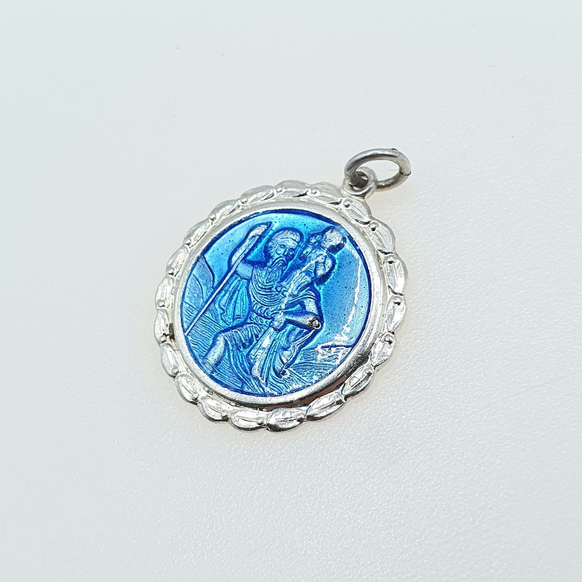 Vintage Sterling Silver Blue Enamel St Christopher Pendant Necklace Patron Saint of Travel Unisex Women Mens Jewellery Jewelry