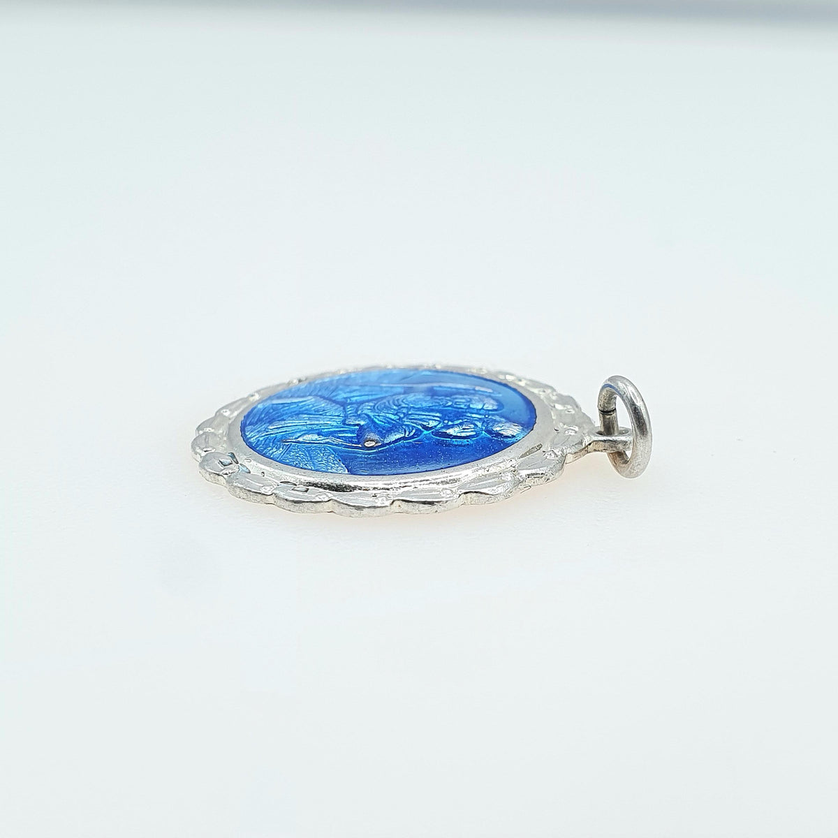 Vintage Sterling Silver Blue Enamel St Christopher Pendant Necklace Patron Saint of Travel Unisex Women Mens Jewellery Jewelry