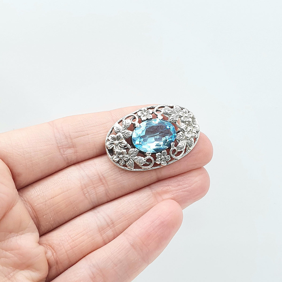 Antique BERNARD INSTONE Sterling Silver Swiss Topaz Brooch Art Nouveau Style 1920s Flower Blue Gemstone Womens Jewelry Jewellery