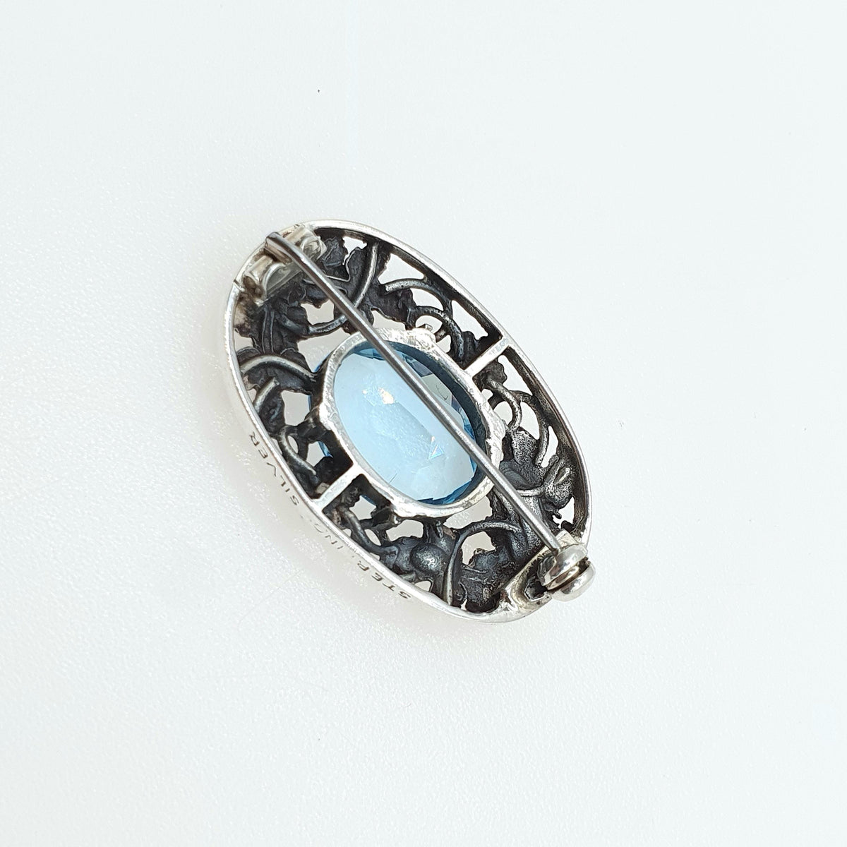 Antique BERNARD INSTONE Sterling Silver Swiss Topaz Brooch Art Nouveau Style 1920s Flower Blue Gemstone Womens Jewelry Jewellery