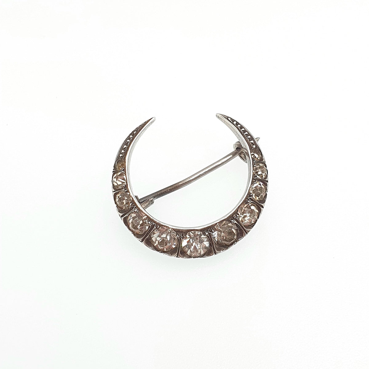 Antique Victorian Solid Silver Crescent Moon Diamond Paste Brooch Celestial Night Sky Womens Jewelry Jewellery Unisex Mens
