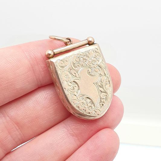 Antique Victorian 9ct Gold Shield Locket 9kt 9k Back and Front Pendant Large Big Hand Engraved Picture Photo Vintage Jewellery Jewelry