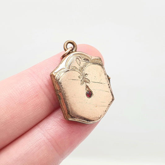 Antique Rolled Gold Locket Ruby Paste Necklace Pendant Rose Gold Filled Edwardian Rectangular Style Vintage Jewellery Jewelry