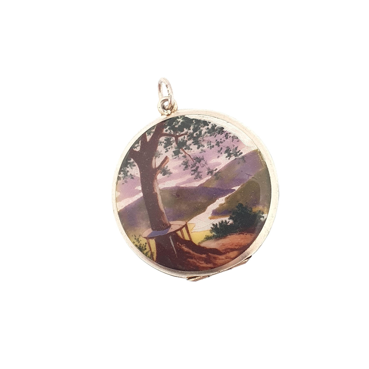 Antique Enamel Solid Silver Locket Hand Painted Lake Tree Scenic Guilloche Pendant Necklace Photo Picture Genuine Vintage Jewelry Jewelry