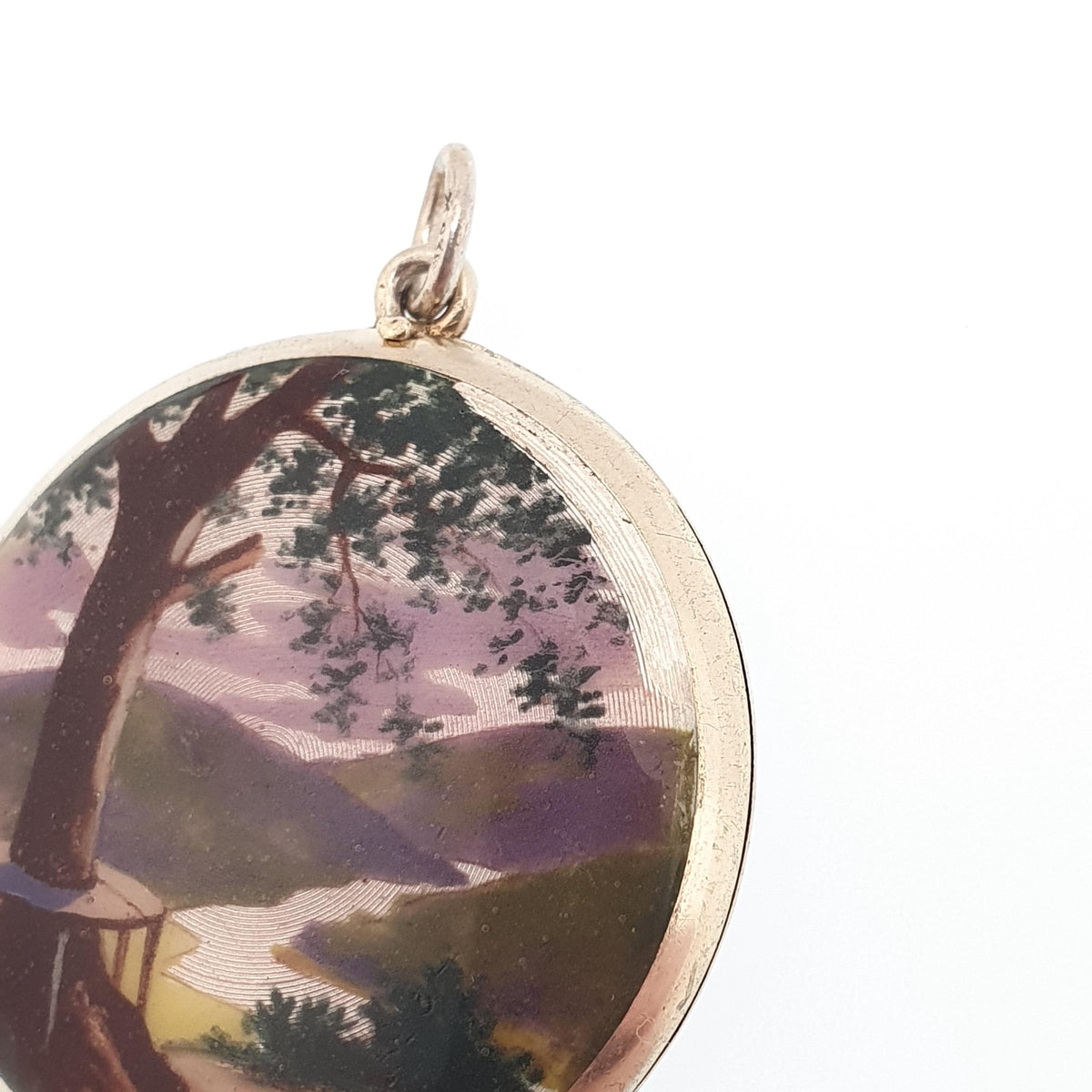 Antique Enamel Solid Silver Locket Hand Painted Lake Tree Scenic Guilloche Pendant Necklace Photo Picture Genuine Vintage Jewelry Jewelry