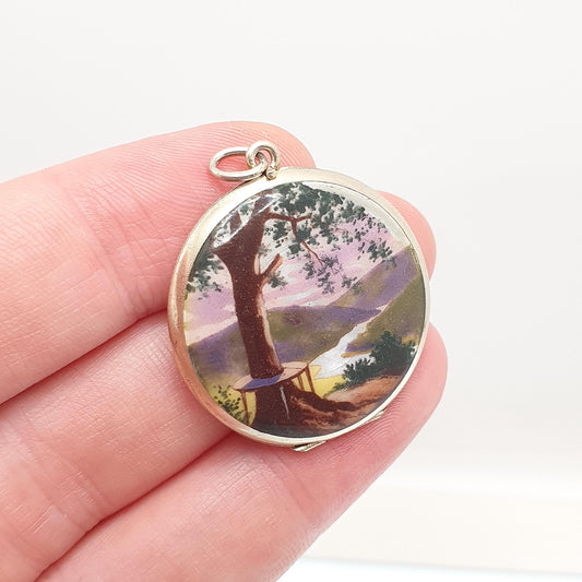 Antique Enamel Solid Silver Locket Hand Painted Lake Tree Scenic Guilloche Pendant Necklace Photo Picture Genuine Vintage Jewelry Jewelry