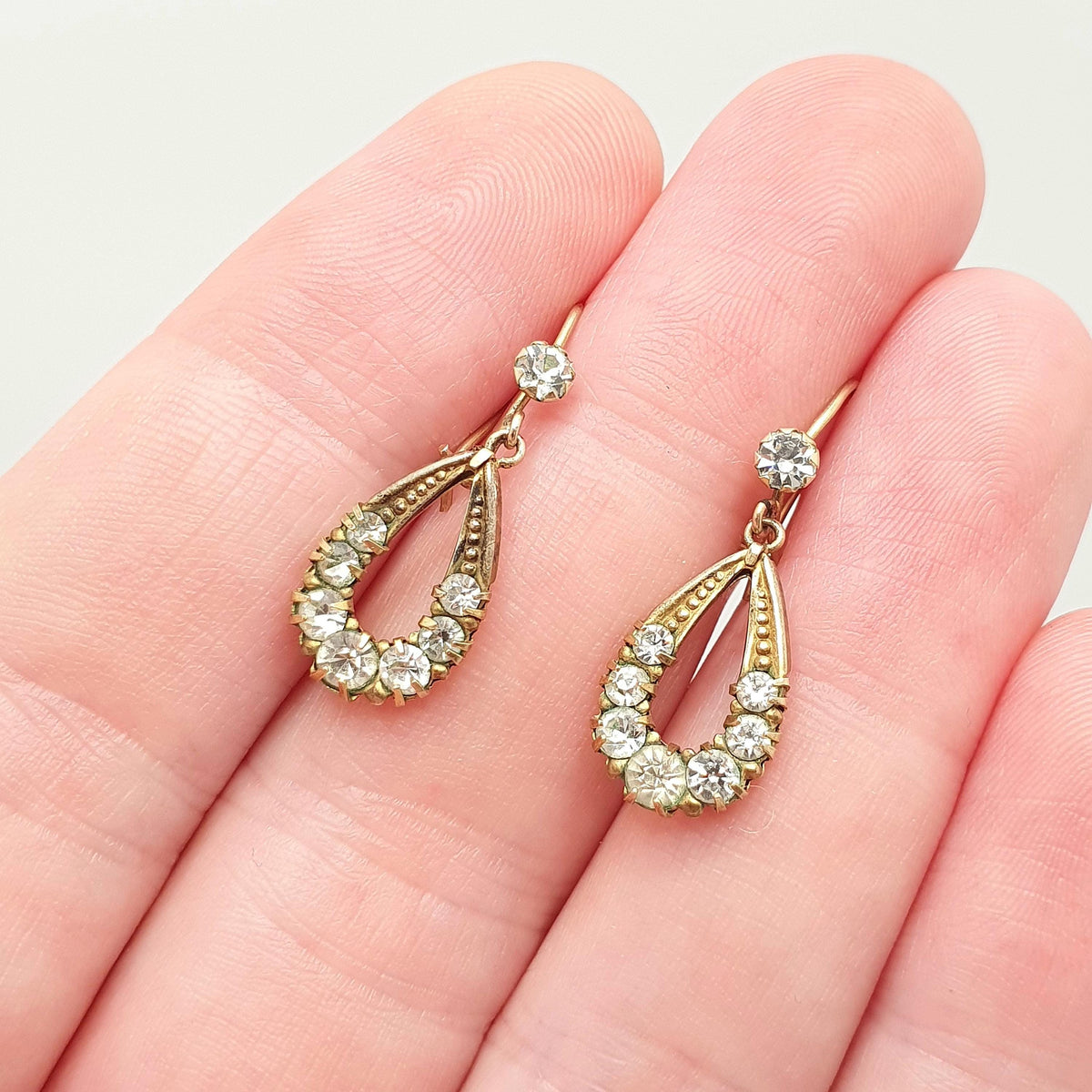 Antique 9ct Gold Teardrop Diamond Paste Earrings Hook Pear Shape Drop Solid 9k 9kt 375 Womens Jewelry Jewellery
