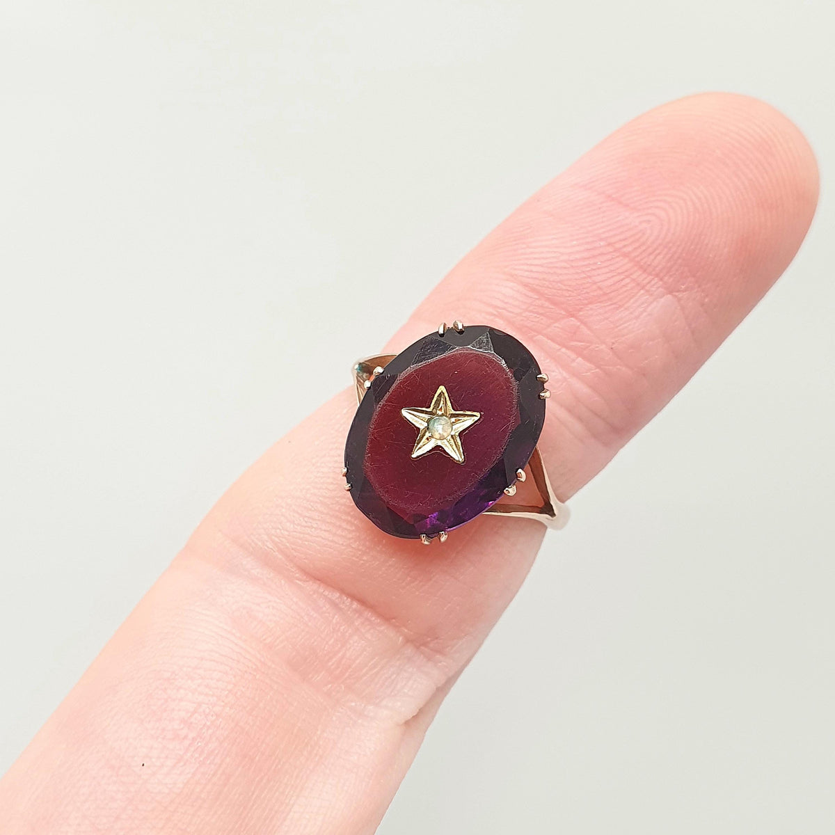 Antique 9ct 9k Gold Amethyst Paste Star Ring Victorian Seed Pearl Oval Cut Solid 9k 9kt Celestial Vintage Womens Jewelry Jewellery