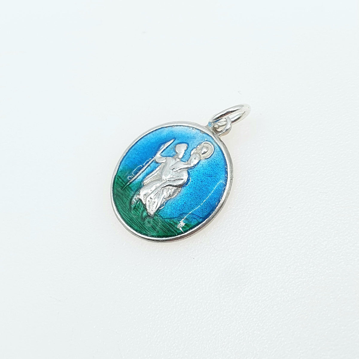 Vintage Sterling Silver Enamel St Christopher Pendant Charm Green and Blue Travel Catholic Saint Religious Cute Womens Jewellery Jewelry