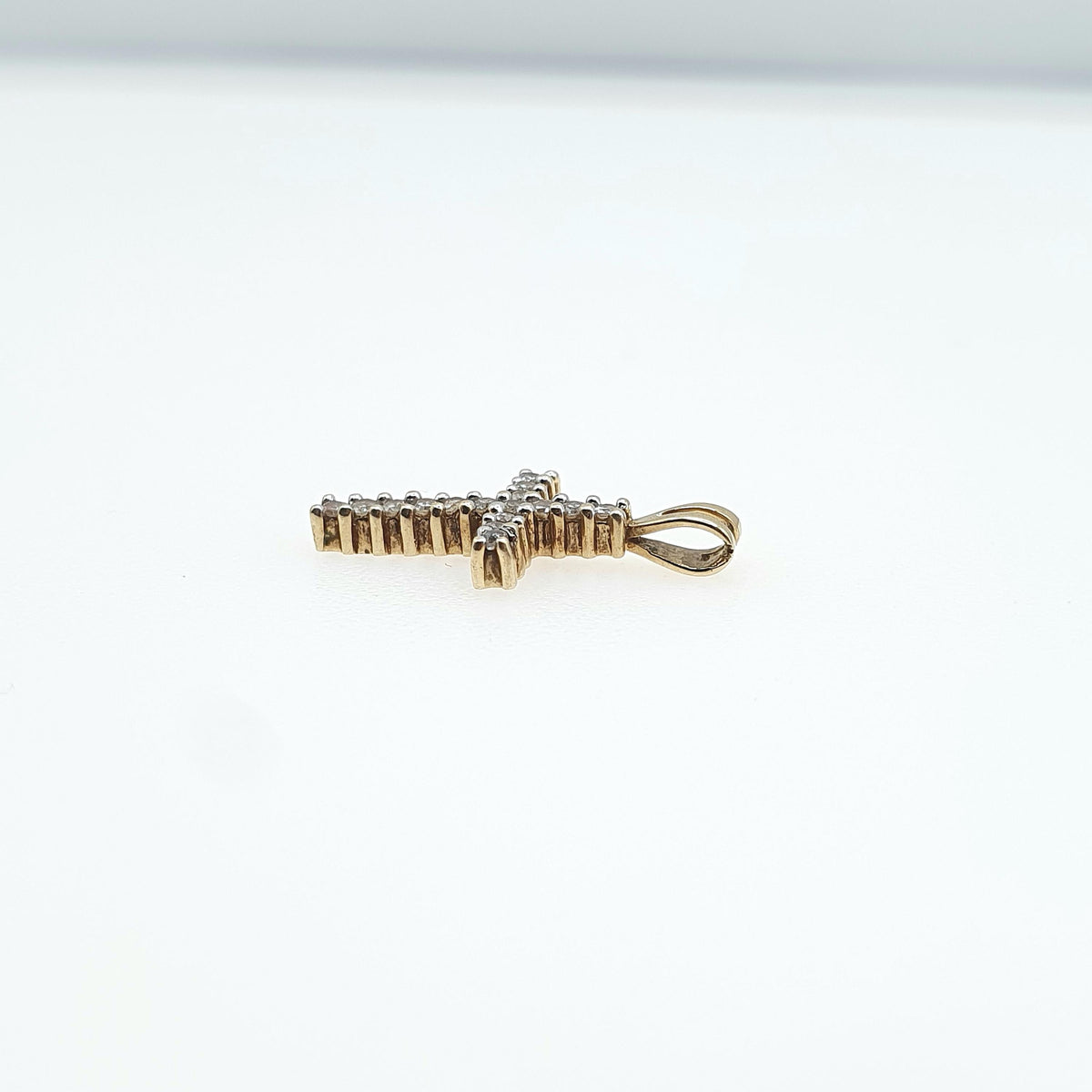 Vintage 9ct Gold CZ Crucifix Pendant Cross Necklace Small Tiny Solid 9k 9kt Diamond Simulant Womens Jewelry Jewellery Charm