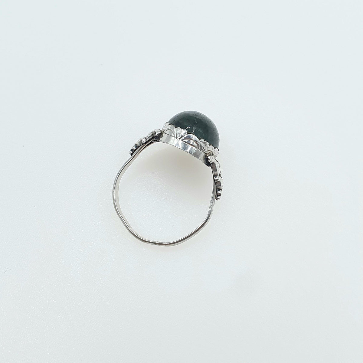 Antique Victorian Solid Silver Moss Agate Ring Art Nouveau Veined Quartz Solitaire Cabochon UK N.5 US 7 Womens Jewellery Jewelry