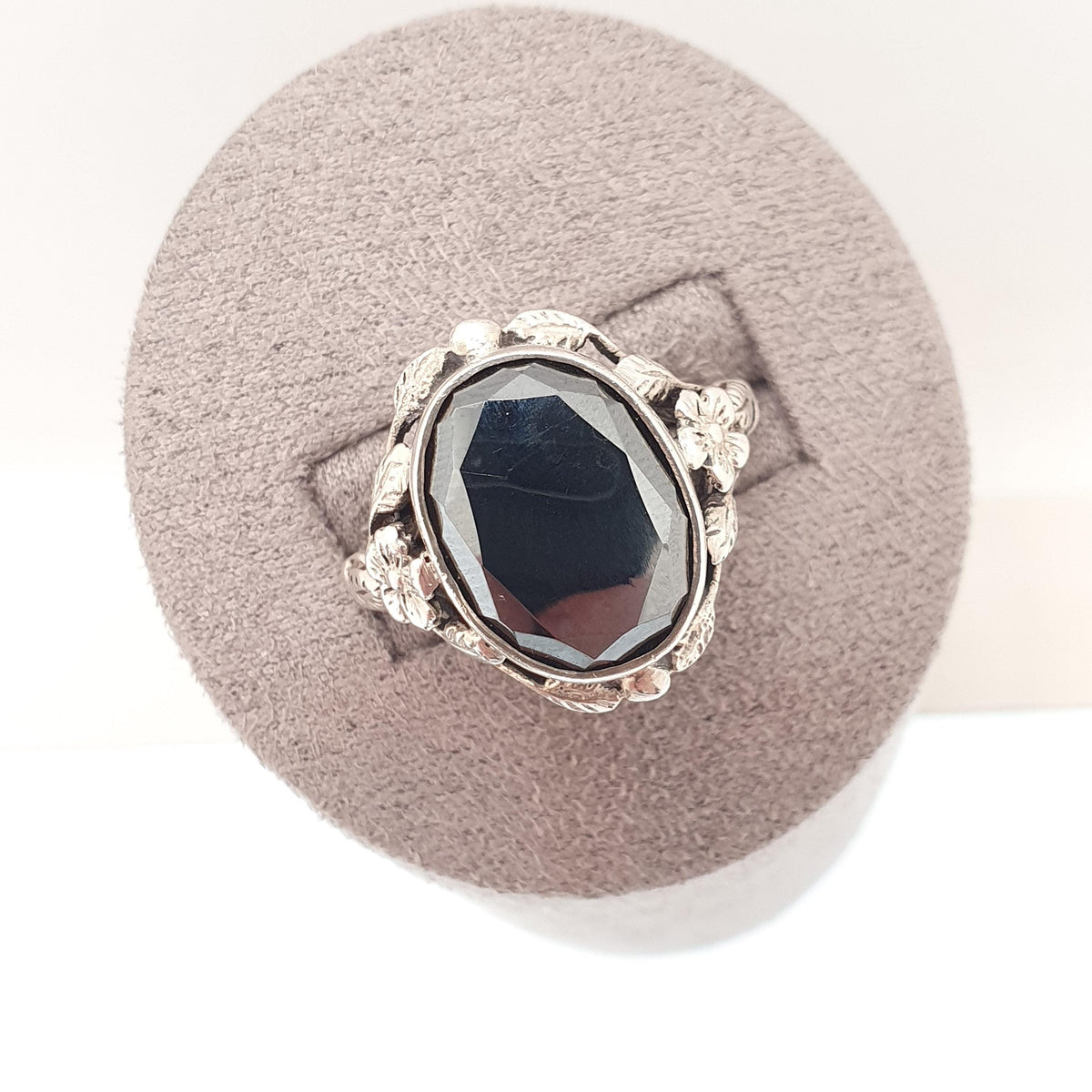 Antique Solid Silver Hematite Ring Oval Cut Solitaire Bernard Instone Style Thumb Ring Large Size Vintage Womens Mens UK V 1/2 US 10 3/4