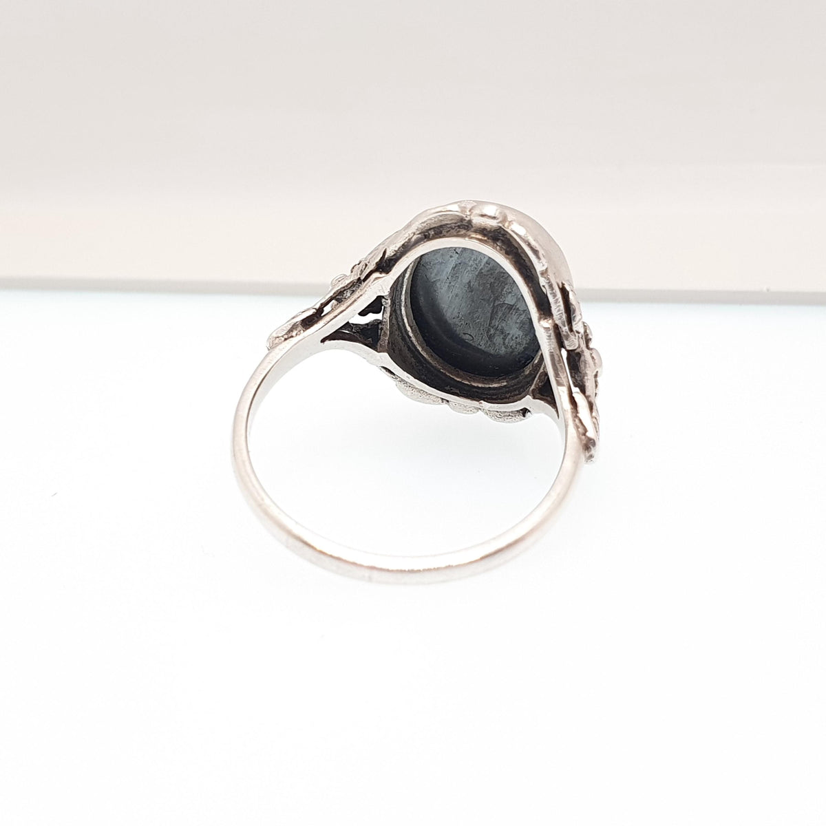 Antique Solid Silver Hematite Ring Oval Cut Solitaire Bernard Instone Style Thumb Ring Large Size Vintage Womens Mens UK V 1/2 US 10 3/4