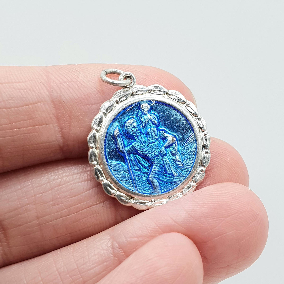 Vintage Sterling Silver Blue Enamel St Christopher Pendant Necklace Patron Saint of Travel Unisex Women Mens Jewellery Jewelry