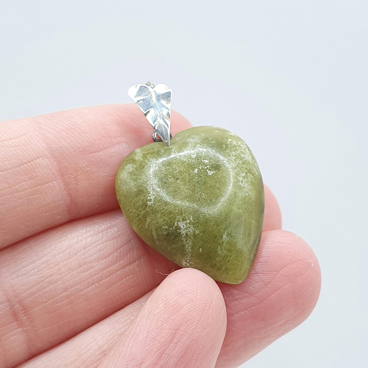 Antique Solid Silver Connemara Marble Heart Pendant Irish Gemstone Celtic Leaf Bail Womens Vintage Jewelry Jewellery