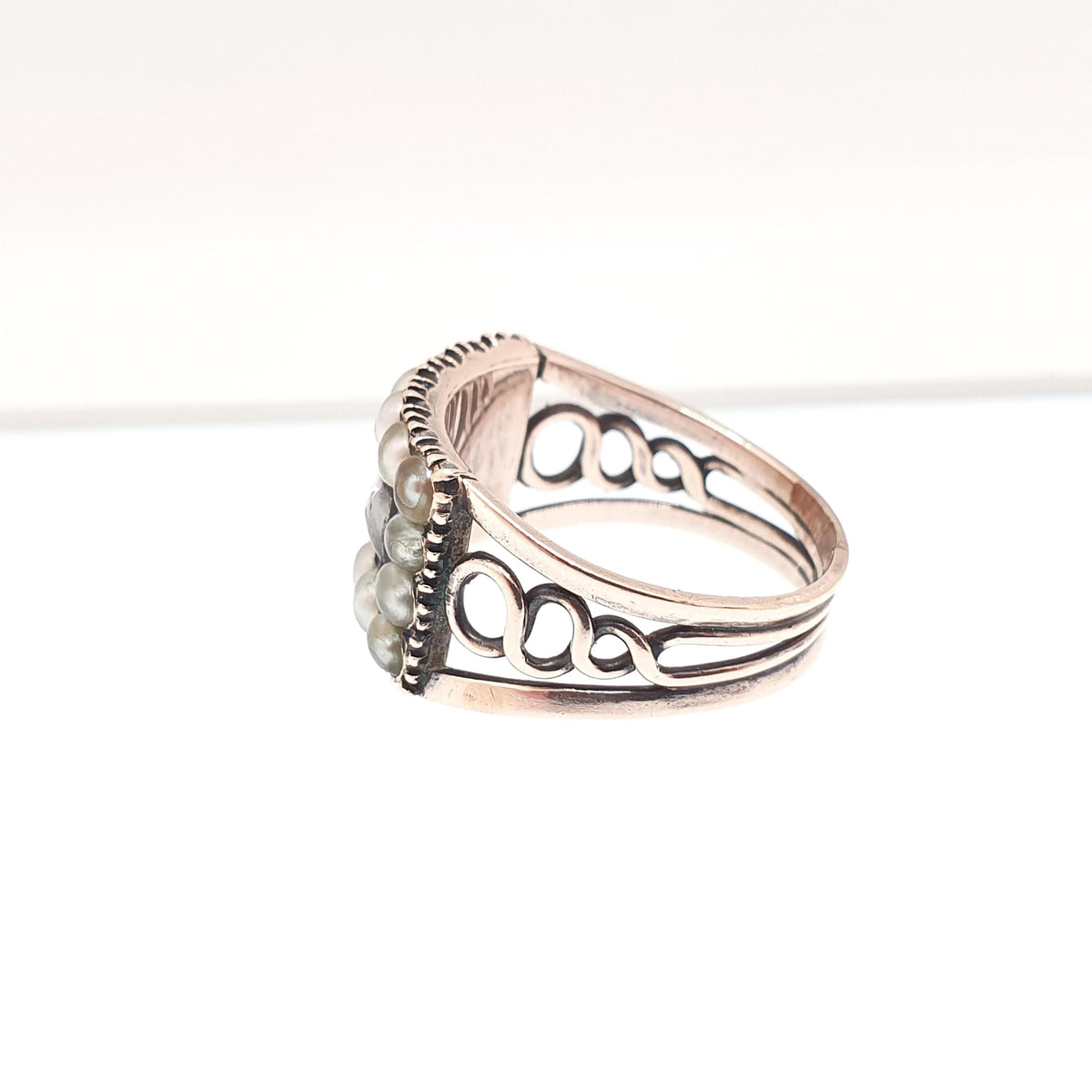 Antique Georgian 9ct Gold Mourning Ring Seed Pearl Glass Locket Solid Rose 9k 9kt Vintage Victorian Womens Jewelry Jewellery