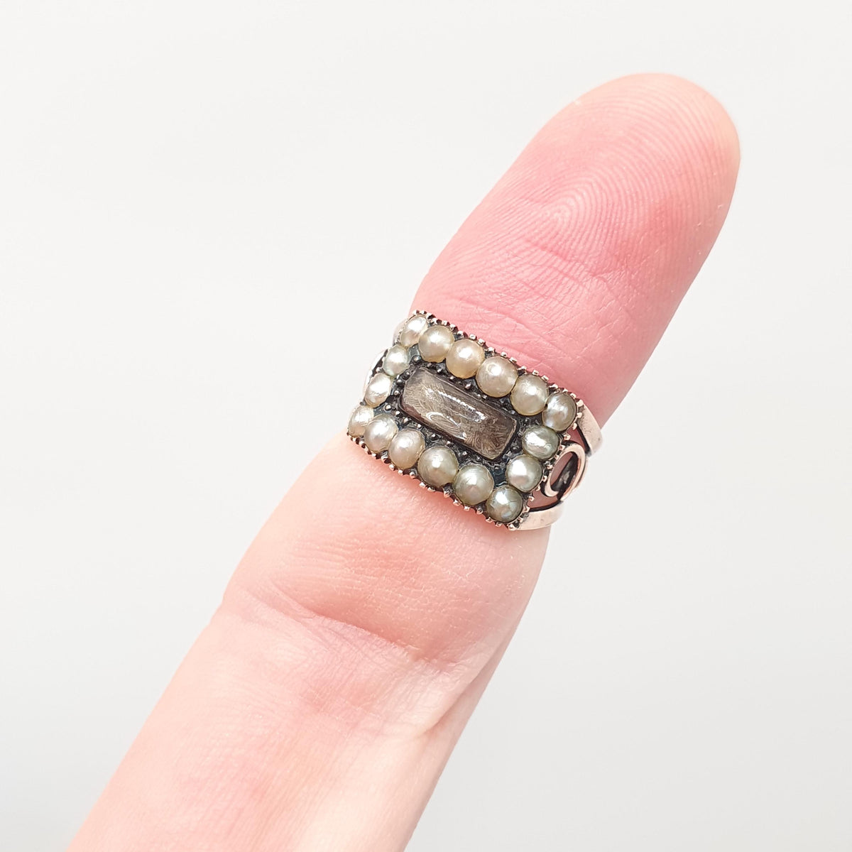 Antique Georgian 9ct Gold Mourning Ring Seed Pearl Glass Locket Solid Rose 9k 9kt Vintage Victorian Womens Jewelry Jewellery