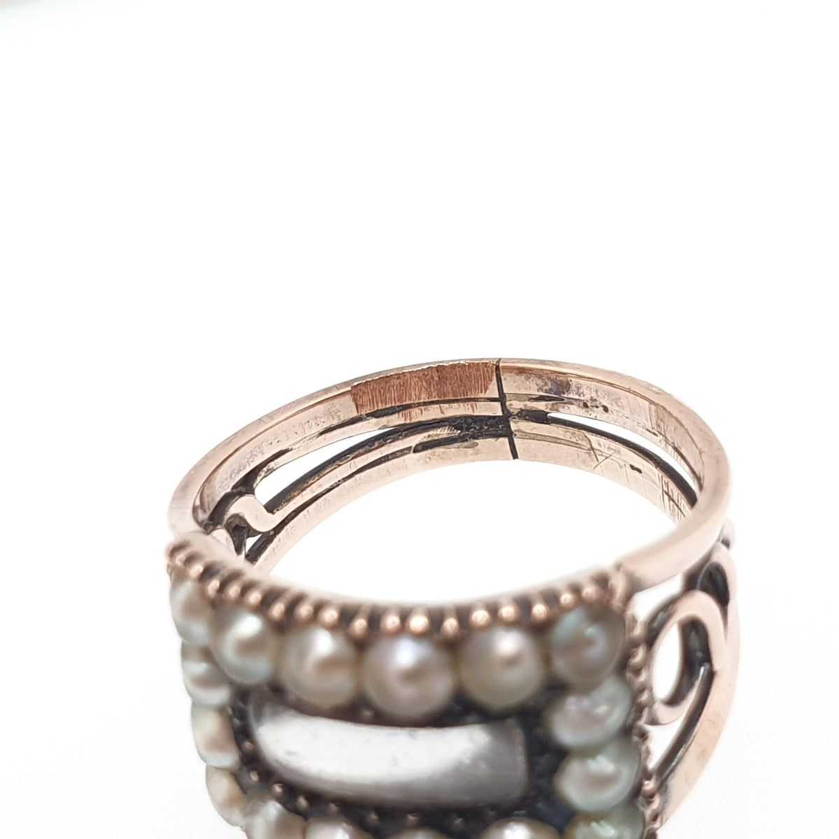Antique Georgian 9ct Gold Mourning Ring Seed Pearl Glass Locket Solid Rose 9k 9kt Vintage Victorian Womens Jewelry Jewellery