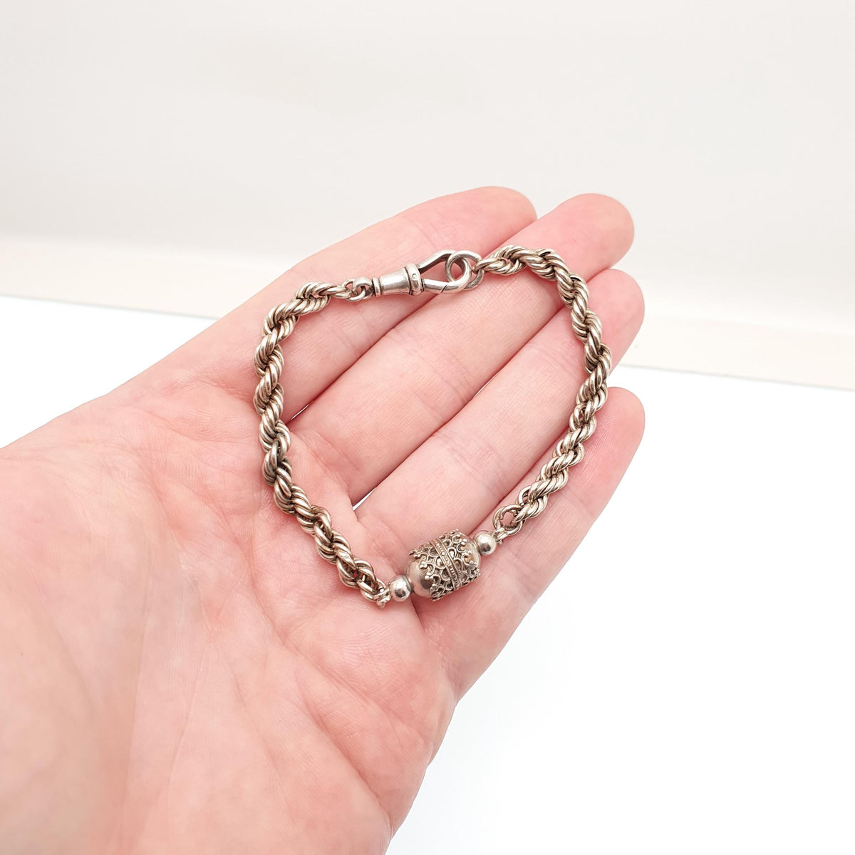 Antique Victorian Solid Silver Albertina Chain Bracelet Rope Link Dog Clip Filigree Bead Womens Vintage Jewellery Jewelry 21cm 9.15g