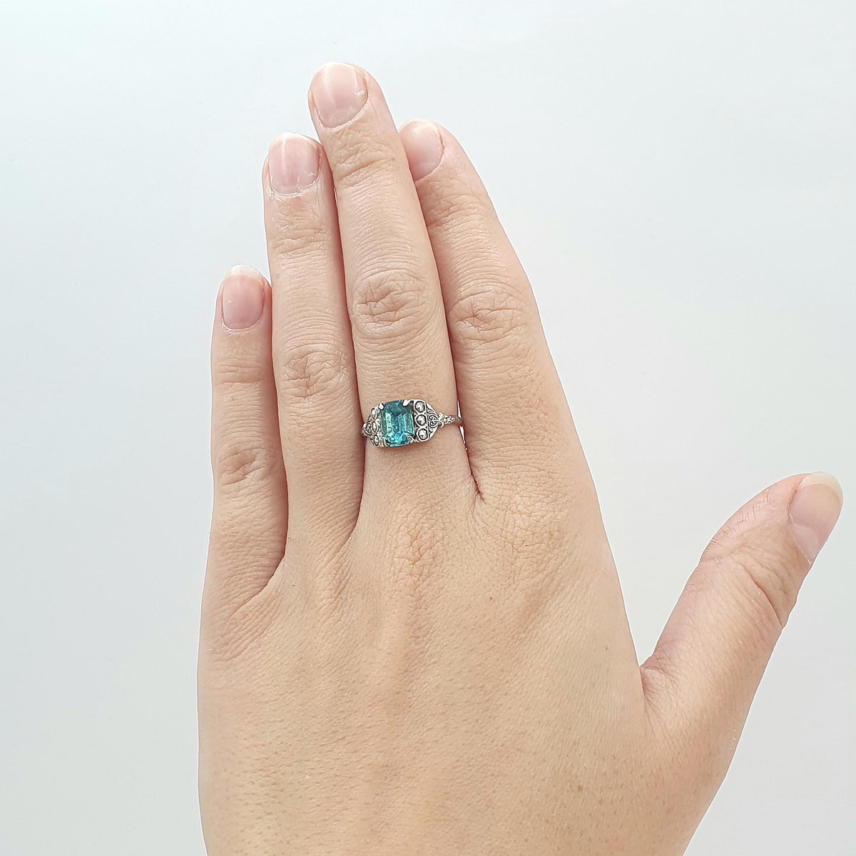 Antique Solid Silver Aquamarine Paste Ring Art Deco Rectangular Cut Sky Blue Womens Mens Vintage Jewelry Jewellery UK O US 7.25