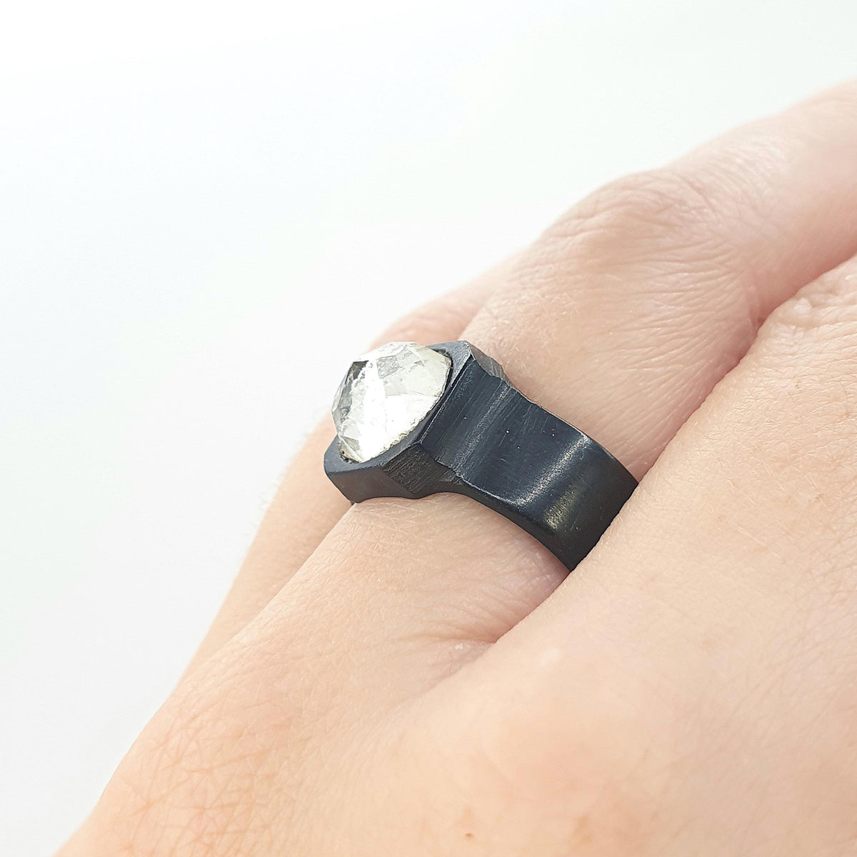 Antique Victorian Vulcanite Diamond Paste Ring Faceted Dome Glass Whitby Jet Imitation UK O US 7.25 Mens Jewellery Unisex Womens