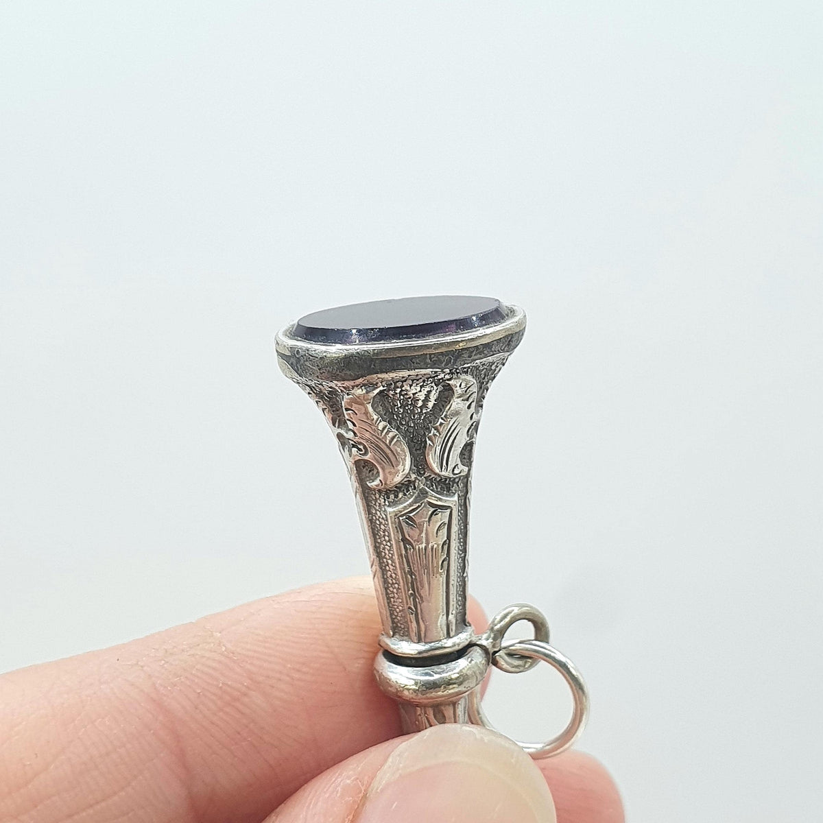 Antique Victorian Amethyst Paste Fob Pendant Necklace Silver Tone Base Metal Embossed Albert Chain Vintage Jewelry Jewellery Womens