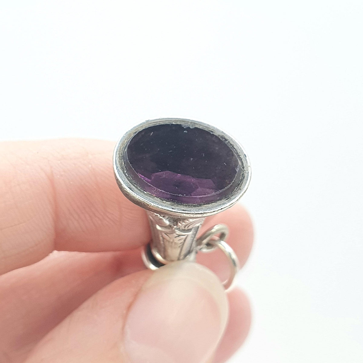 Antique Victorian Amethyst Paste Fob Pendant Necklace Silver Tone Base Metal Embossed Albert Chain Vintage Jewelry Jewellery Womens