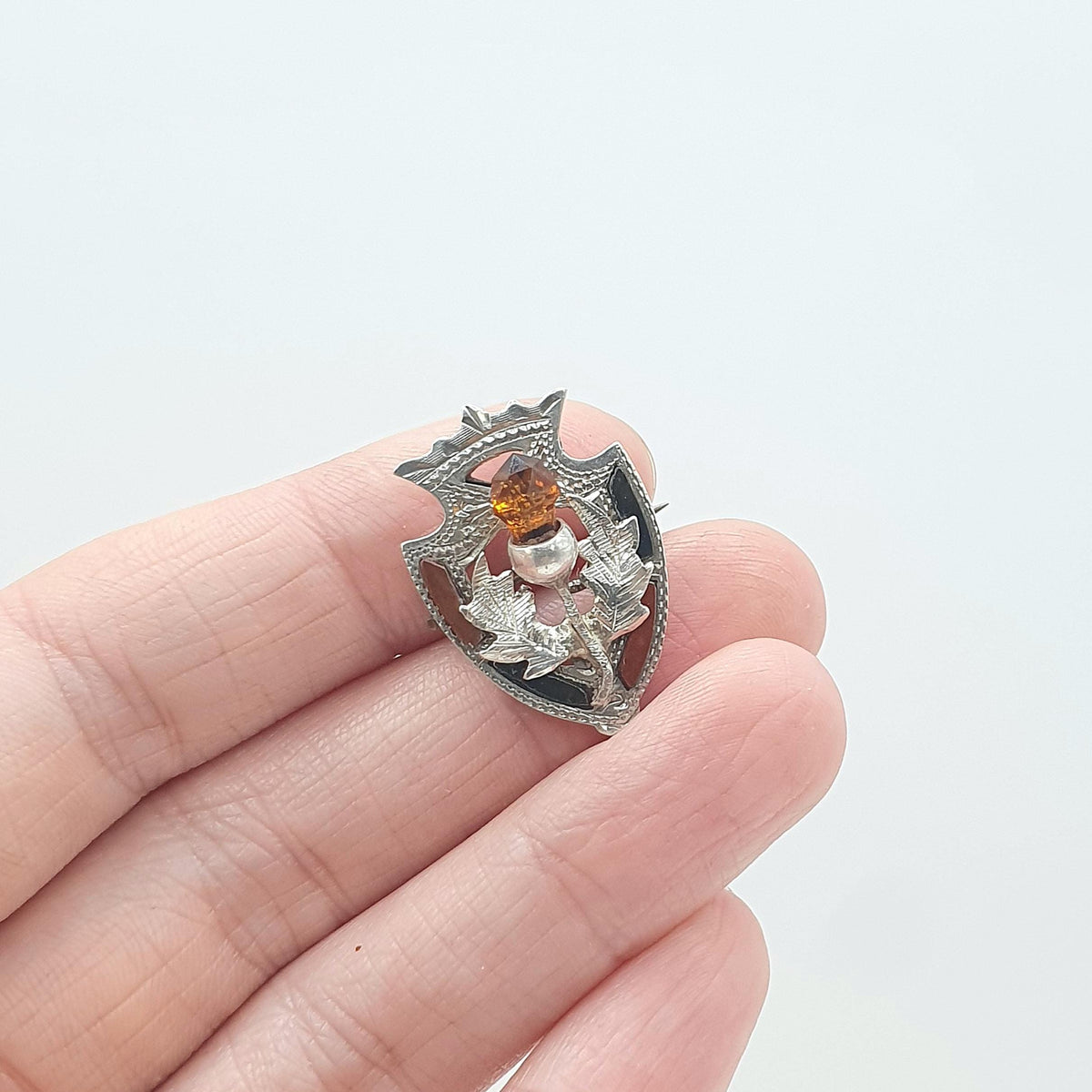 Antique Sterling Silver Scottish Thistle Shield Brooch Bloodstone & Red Jasper 1907 Hallmark Citrine Paste Vintage Womens Jewelry Jewellery
