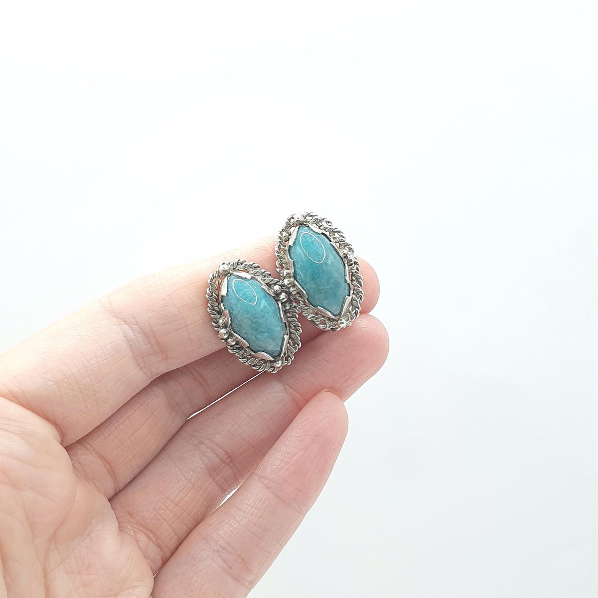Vintage Solid Silver Amazonite Earrings Rope Border Navette Boast Shape Clip On Teal Gemstone Jewelry Retro Jewellery Womens