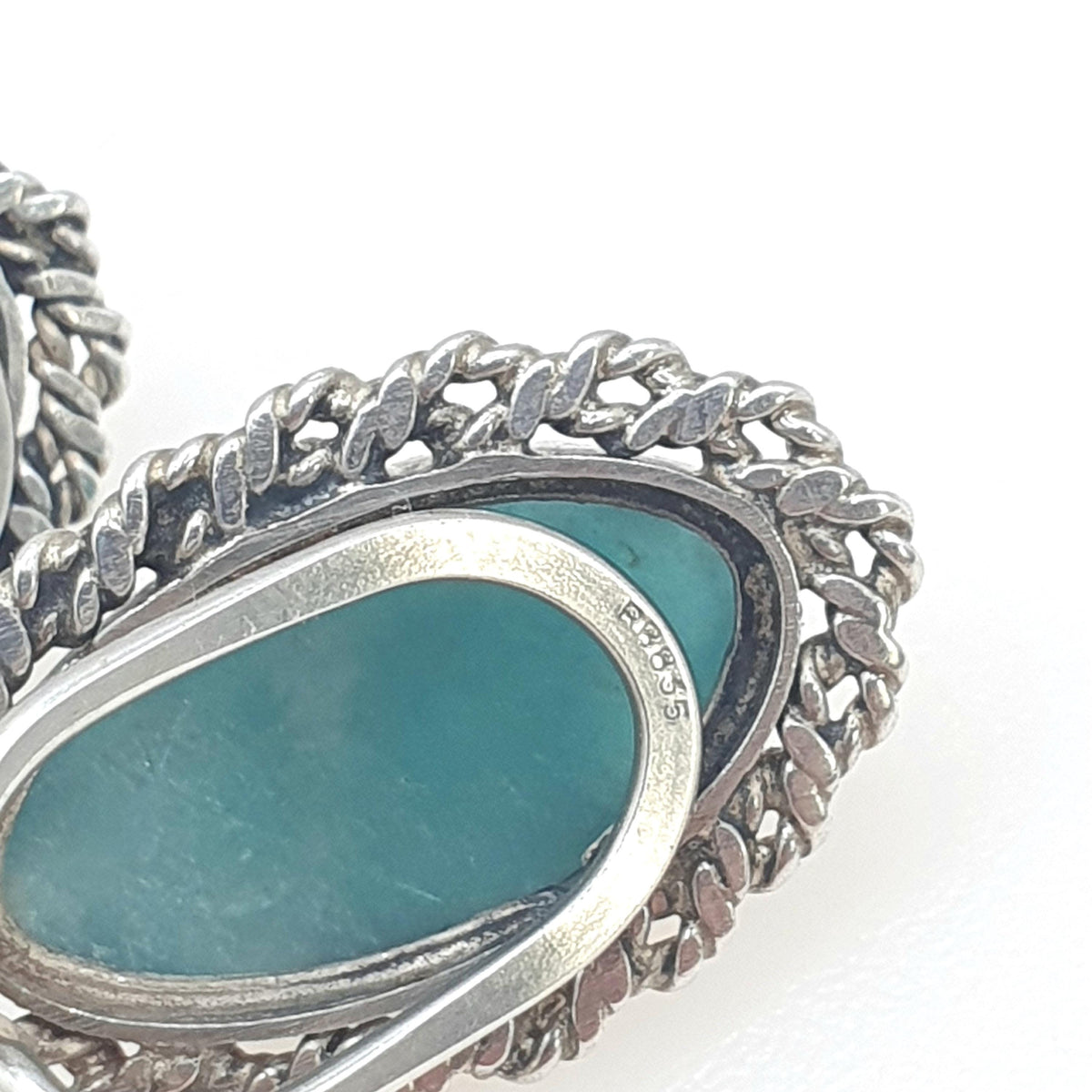 Vintage Solid Silver Amazonite Earrings Rope Border Navette Boast Shape Clip On Teal Gemstone Jewelry Retro Jewellery Womens