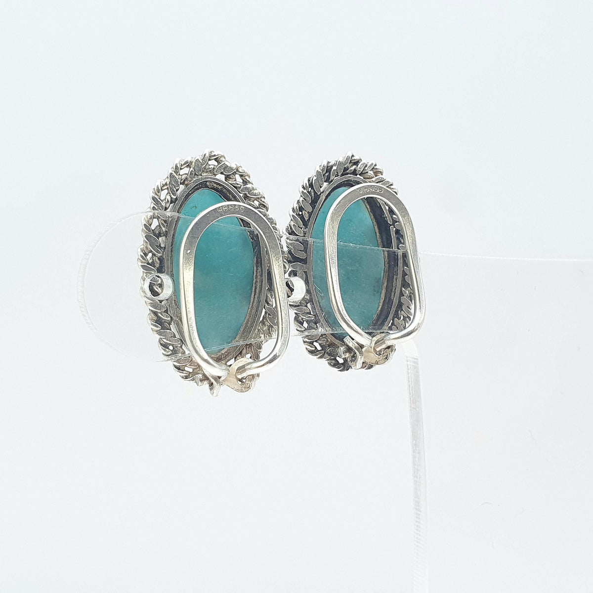 Vintage Solid Silver Amazonite Earrings Rope Border Navette Boast Shape Clip On Teal Gemstone Jewelry Retro Jewellery Womens