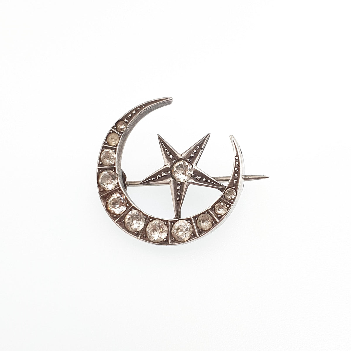 Antique Victorian Crescent Moon & Star Solid Silver Brooch Pin Diamond Paste Vintage Celestial 1800s Jewellery Jewelry