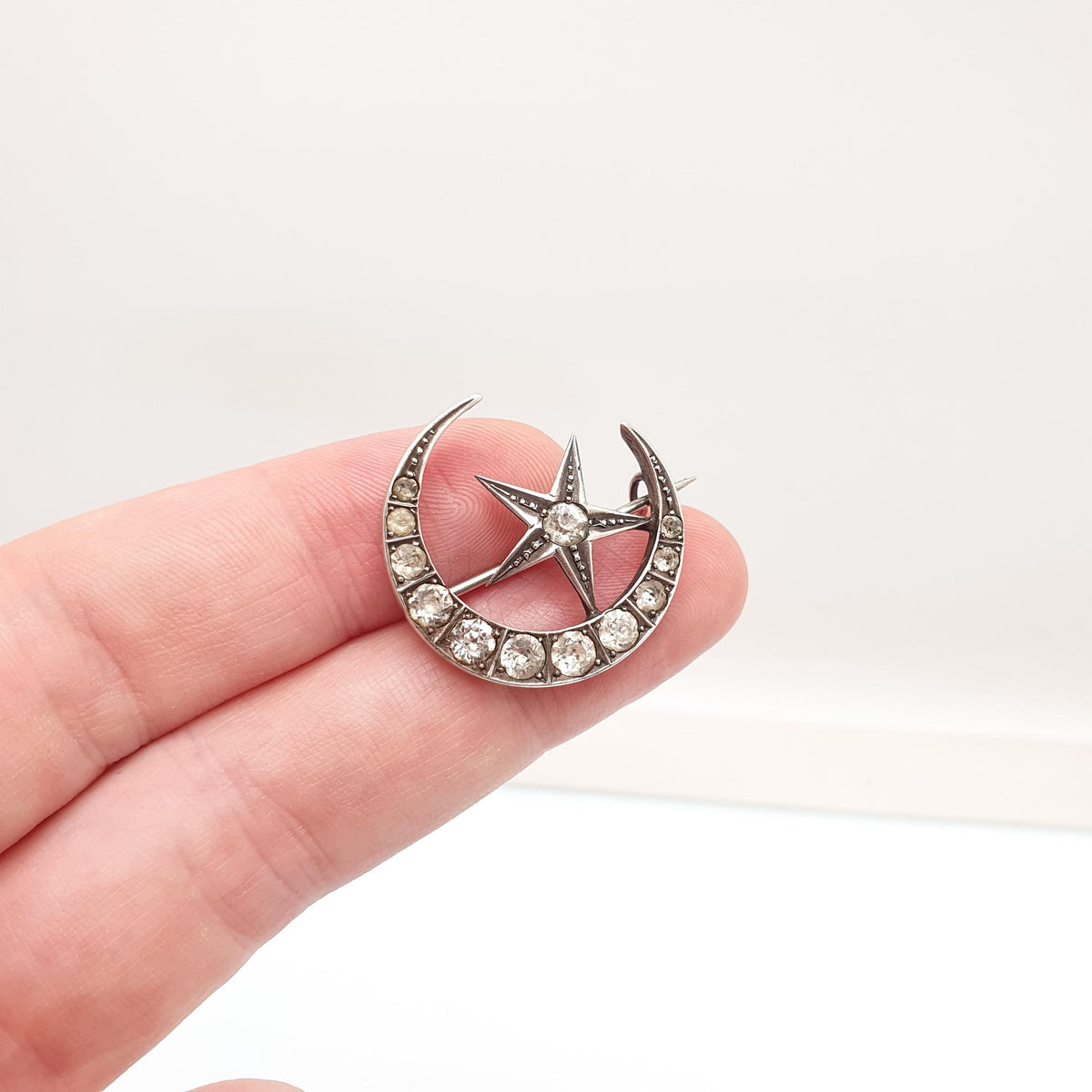 Antique Victorian Crescent Moon & Star Solid Silver Brooch Pin Diamond Paste Vintage Celestial 1800s Jewellery Jewelry