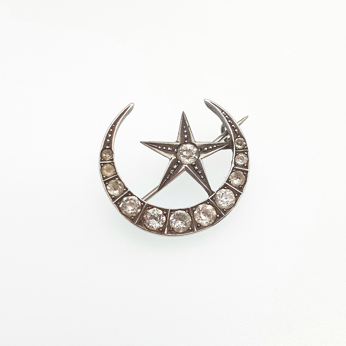 Antique Victorian Crescent Moon & Star Solid Silver Brooch Pin Diamond Paste Vintage Celestial 1800s Jewellery Jewelry