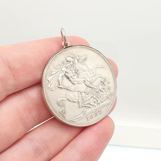 Antique Sterling Silver Locket Full Crown Coin Necklace Pendant Victorian 1887 Genuine Queen Victoria Large Big Coins Jewelry Jewellery
