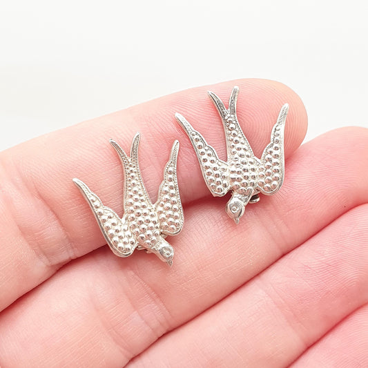 Antique Sterling Silver Swallow Bird Earrings Swift Clip On Pair of Birds Charles Horner Style Pastry Cutter Vintage Jewelry Jewellery