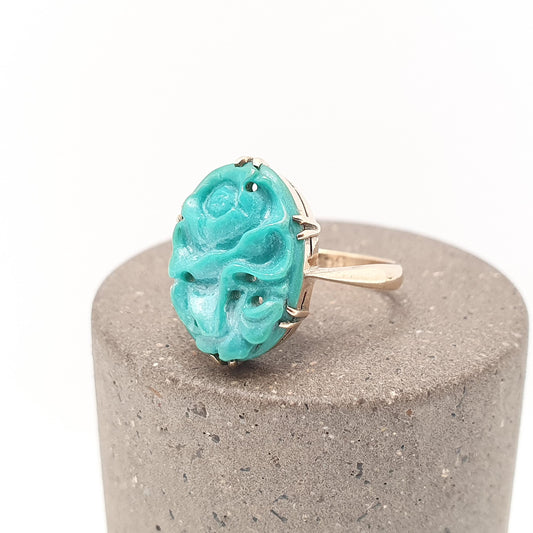 Antique 9ct 9k Gold Carved Turquoise Ring Hand Carved Art Deco 1920s Unique Solid 9kt 375 Womens Genuine Natural Vintage Jewellery Jewelry