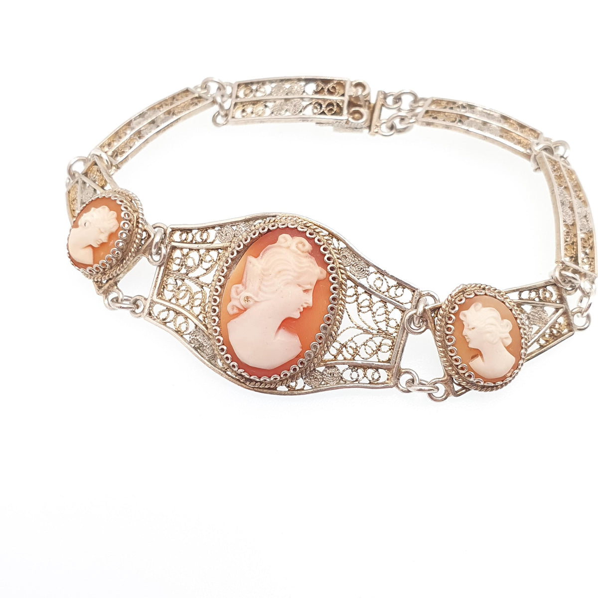 Old Vintage Solid Silver Cameo Bracelet Filigree 800 Handmade Italian 1950s Hand Carved Shell Artisan Womens Jewelry Jewellery