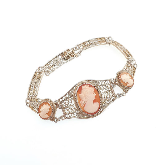 Old Vintage Solid Silver Cameo Bracelet Filigree 800 Handmade Italian 1950s Hand Carved Shell Artisan Womens Jewelry Jewellery