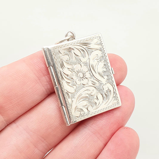 Old Vintage Solid Silver Book Locket Stamp Large Big Pendant Necklace Photo Picture Retro Jewelry Jewellery