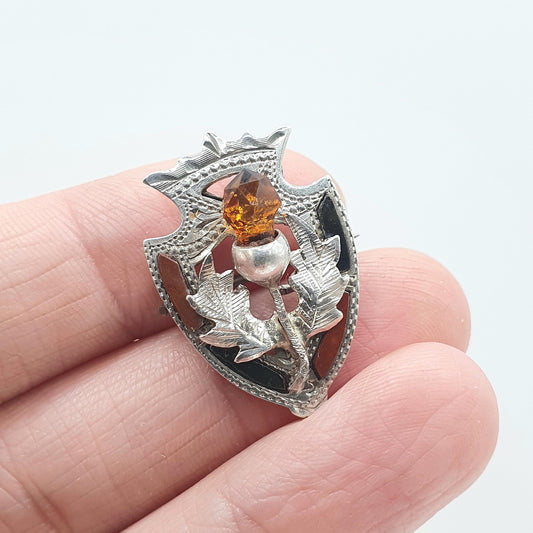 Antique Sterling Silver Scottish Thistle Shield Brooch Bloodstone & Red Jasper 1907 Hallmark Citrine Paste Vintage Womens Jewelry Jewellery