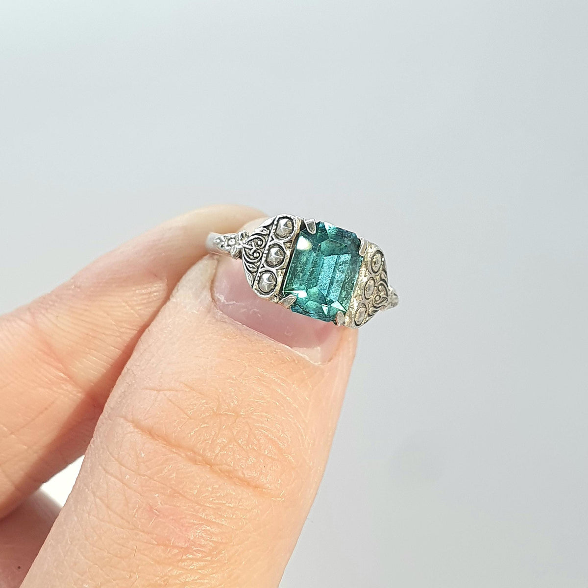 Antique Solid Silver Aquamarine Paste Ring Art Deco Rectangular Cut Sky Blue Womens Mens Vintage Jewelry Jewellery UK O US 7.25