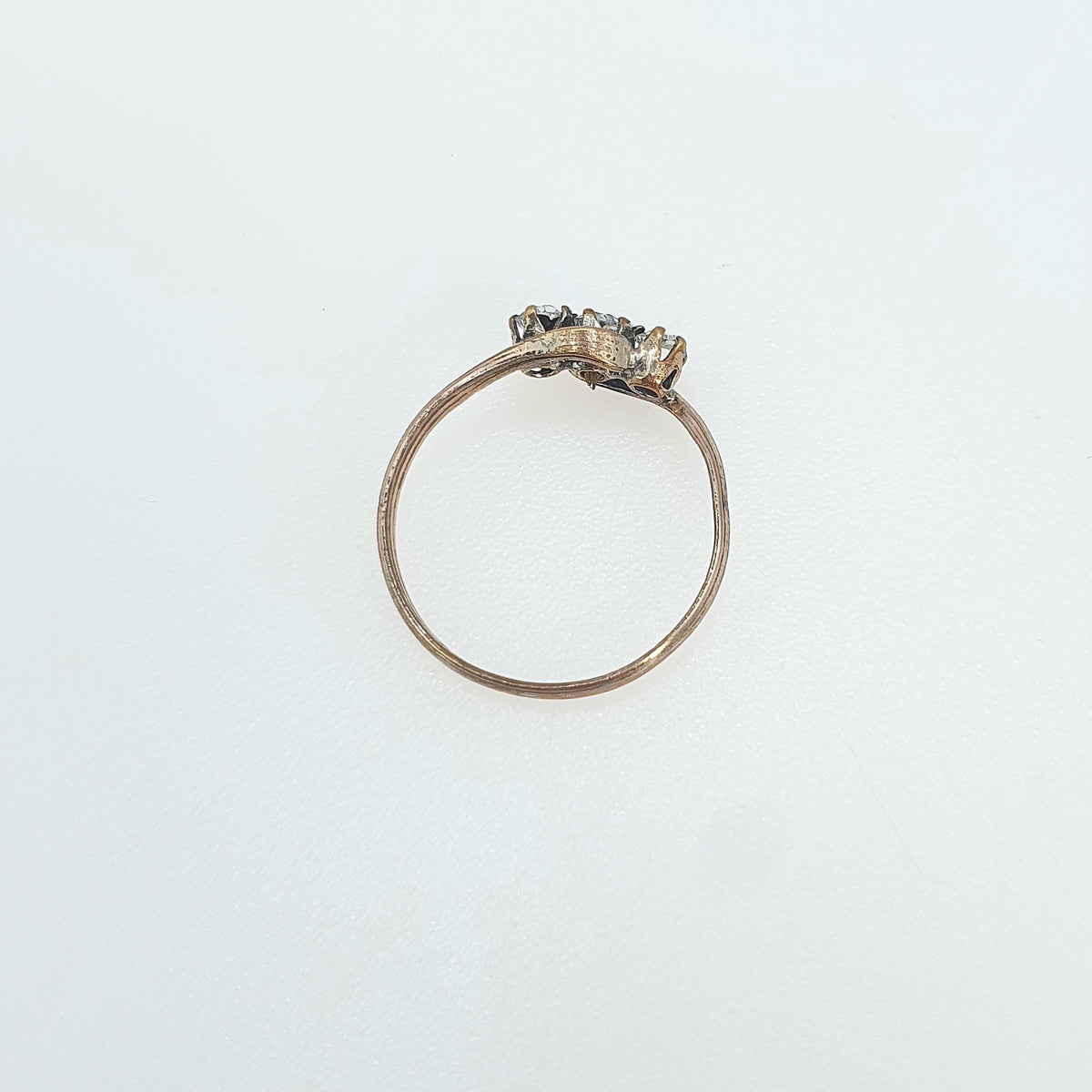 Antique Rolled Gold Diamond Paste Trilogy Ring Triple or Three Stone Victorian Foiled Glass Gold Filled Vintage Womens Jewelry Jewellery