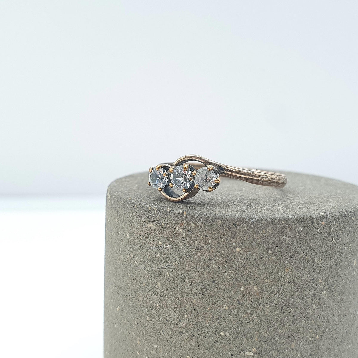 Antique Rolled Gold Diamond Paste Trilogy Ring Triple or Three Stone Victorian Foiled Glass Gold Filled Vintage Womens Jewelry Jewellery